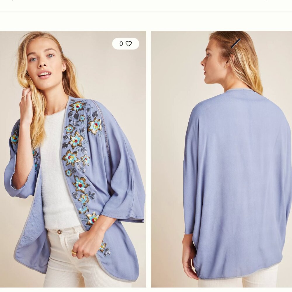NWT Anthropologie Bl-nk Blue Carrie Embroidered Cocoon Kimono OS